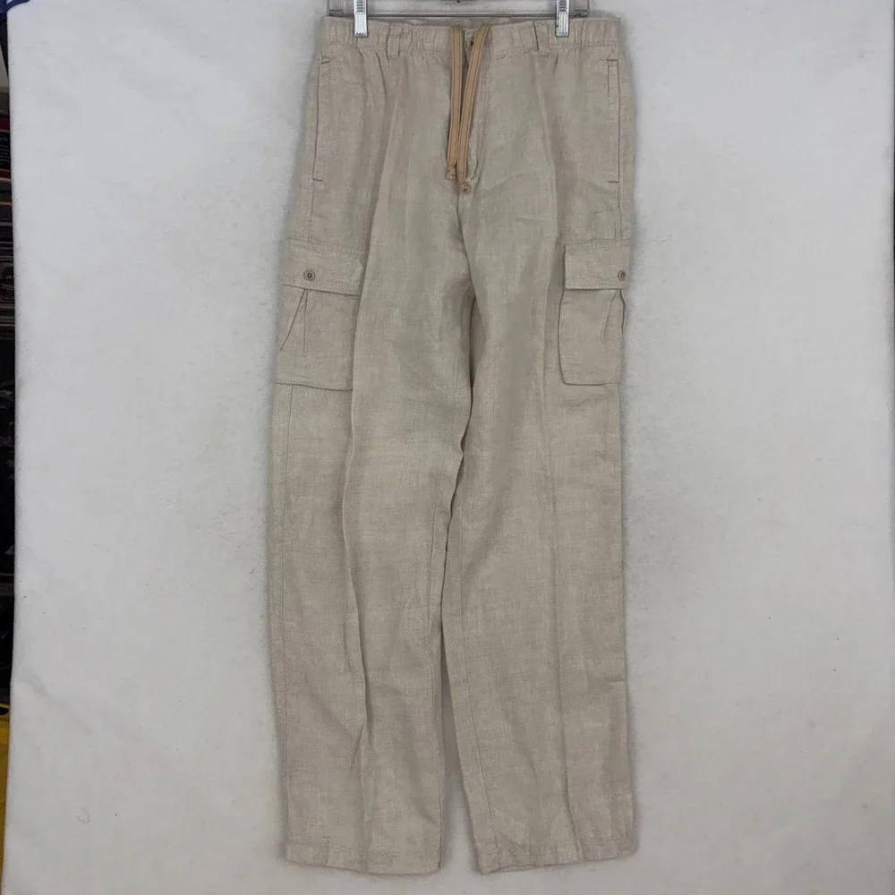 Tommy Bahama Cargo Pants Mens Medium Beige 100% Linen Drawstring Relaxed